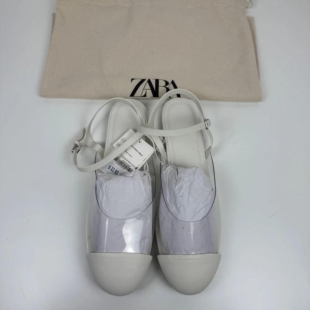 NWT Zara Slingback Ballerina Flats Size 7 White Mary‎ Jane Shoes Office Neutral